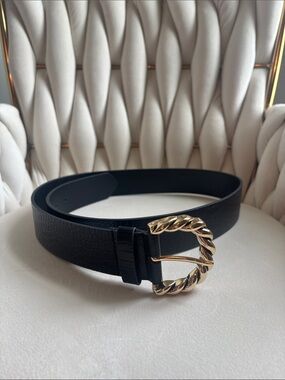 Express Black Leather Belt with Twisted Gold Buckle